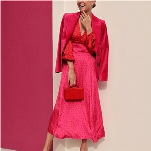 Boden Blouson Sleeve Tea Babydoll Midi Dress in Salsa Dotty Spot Size Petite 12